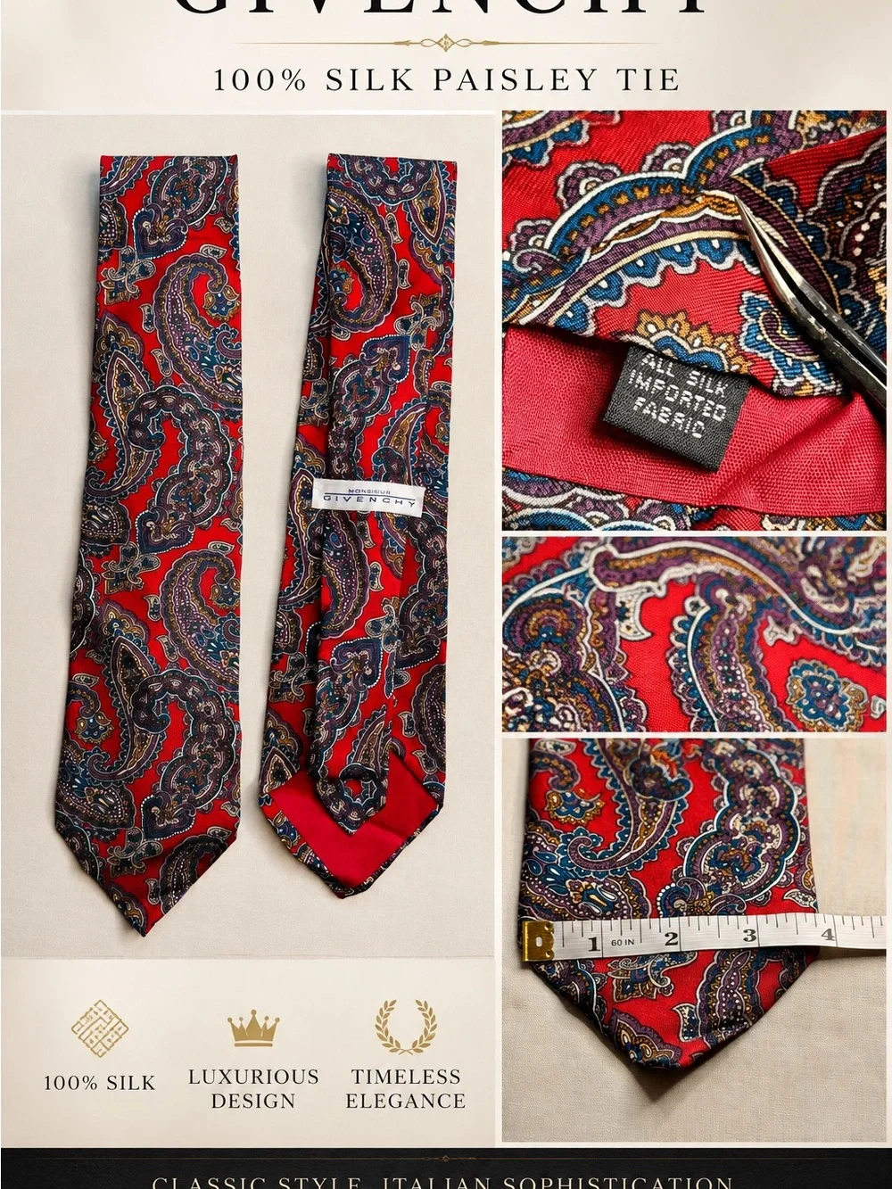 Givenchy Red and Navy Paisley Silk Tie